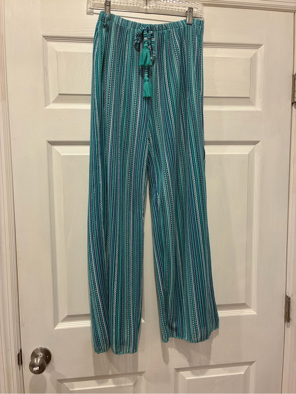 Time and Tru Teal Striped Wide-Leg Drawstring Pants